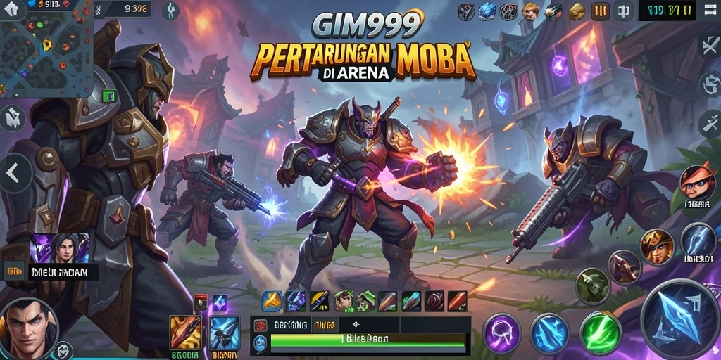 Screenshot utama GIM999 menampilkan aksi pertarungan seru di arena MOBA.