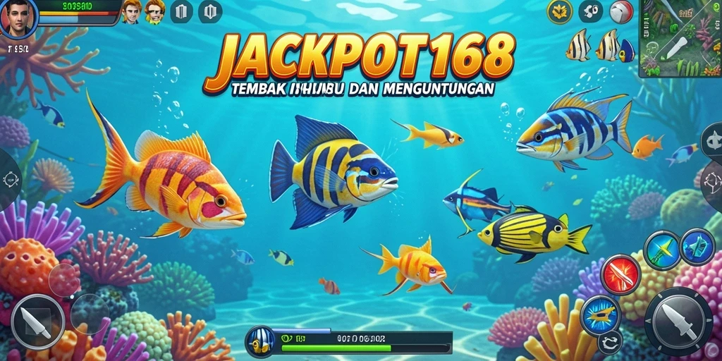 Screenshot utama JACKPOT168 menampilkan aksi seru menembak ikan.