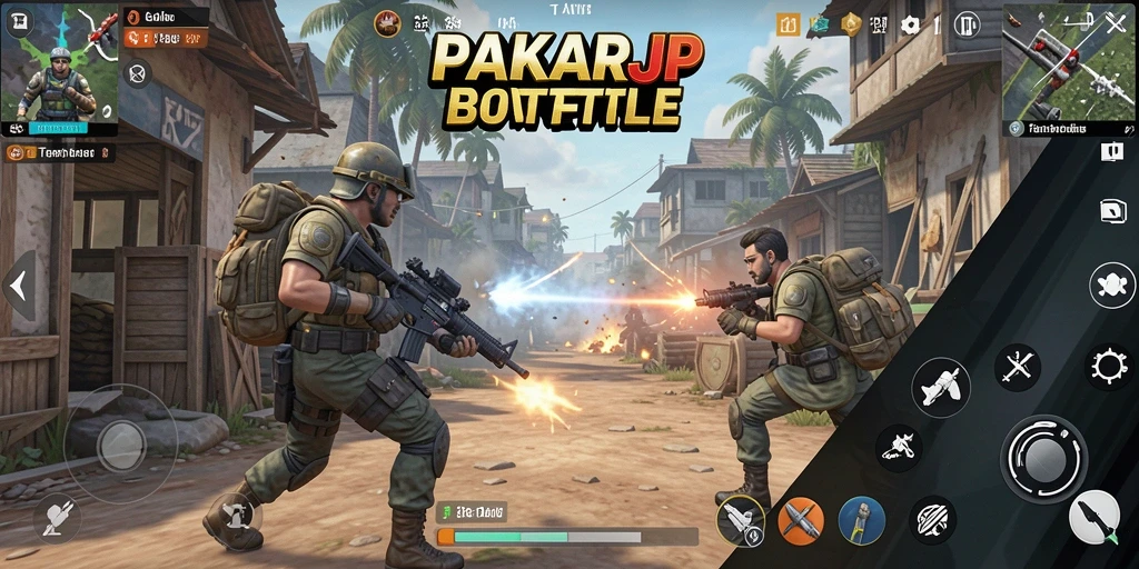 Tangkapan layar utama PAKARJP menampilkan aksi intens di medan tempur.